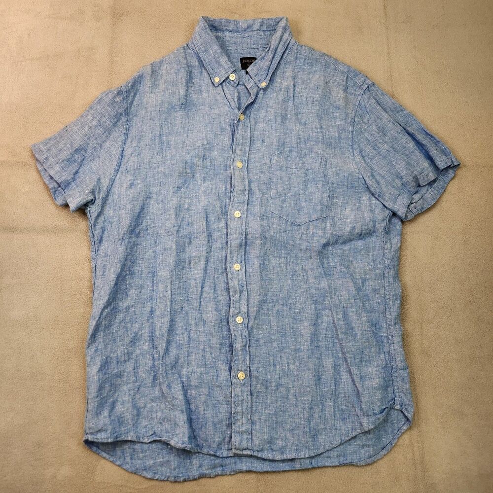 J. Crew 100% Linen Shirt Men's Size Large Blue Short Sleeve Button‎ Down Pocket